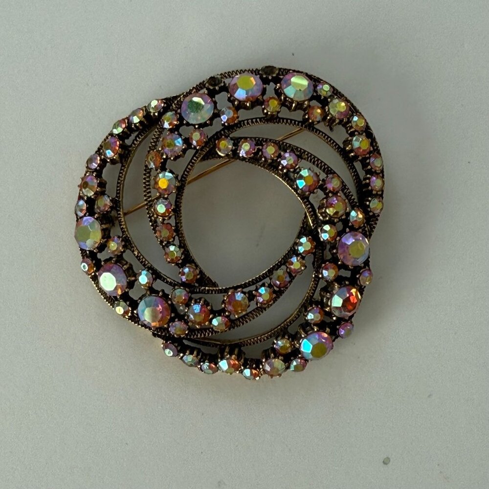 Vintage Florenza Aurora Borealis Rhinestone Gold-Tone Brooch